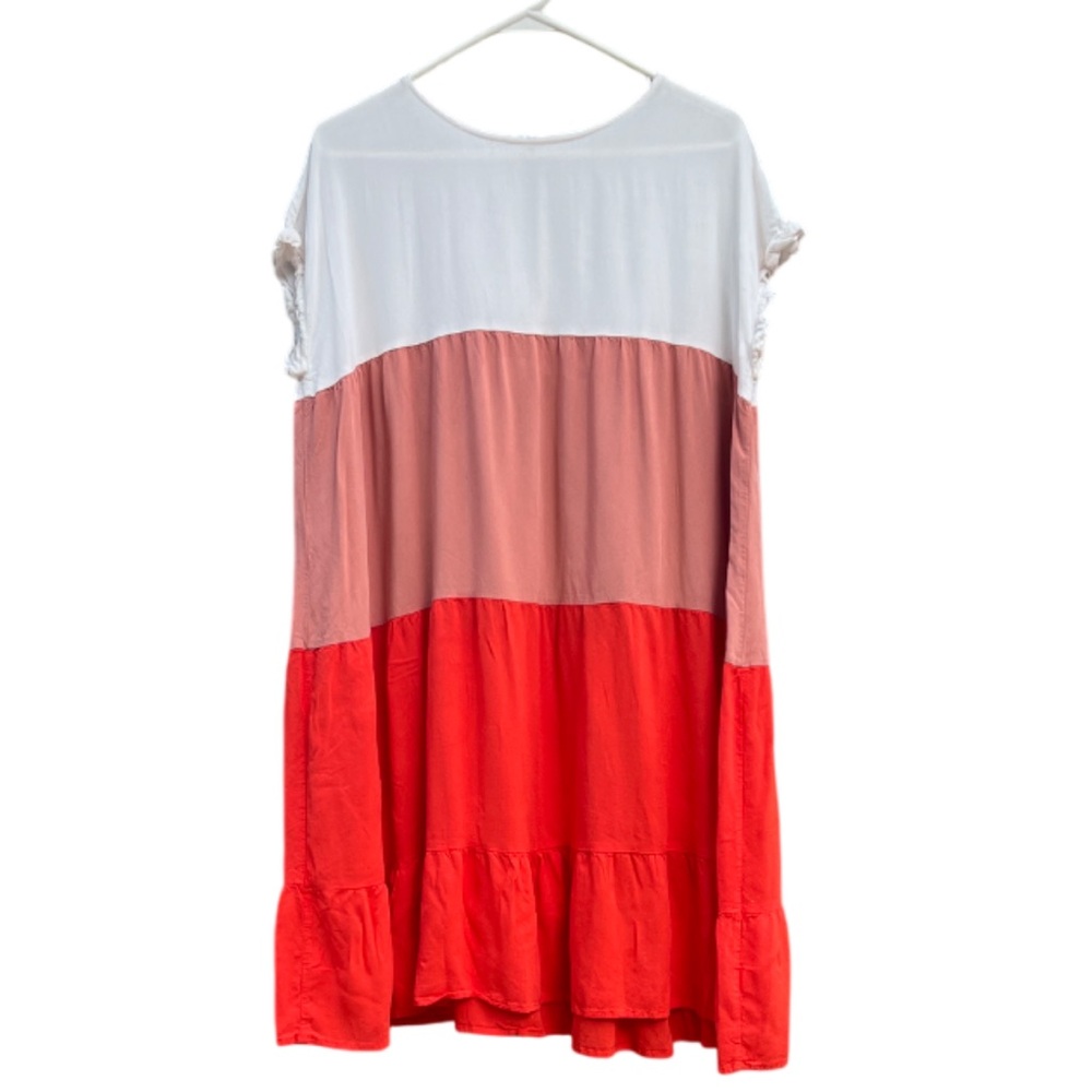 Colorblock Tiered Red, Rose Pink, White Dress Short Sleeved Lightweight Ruffles